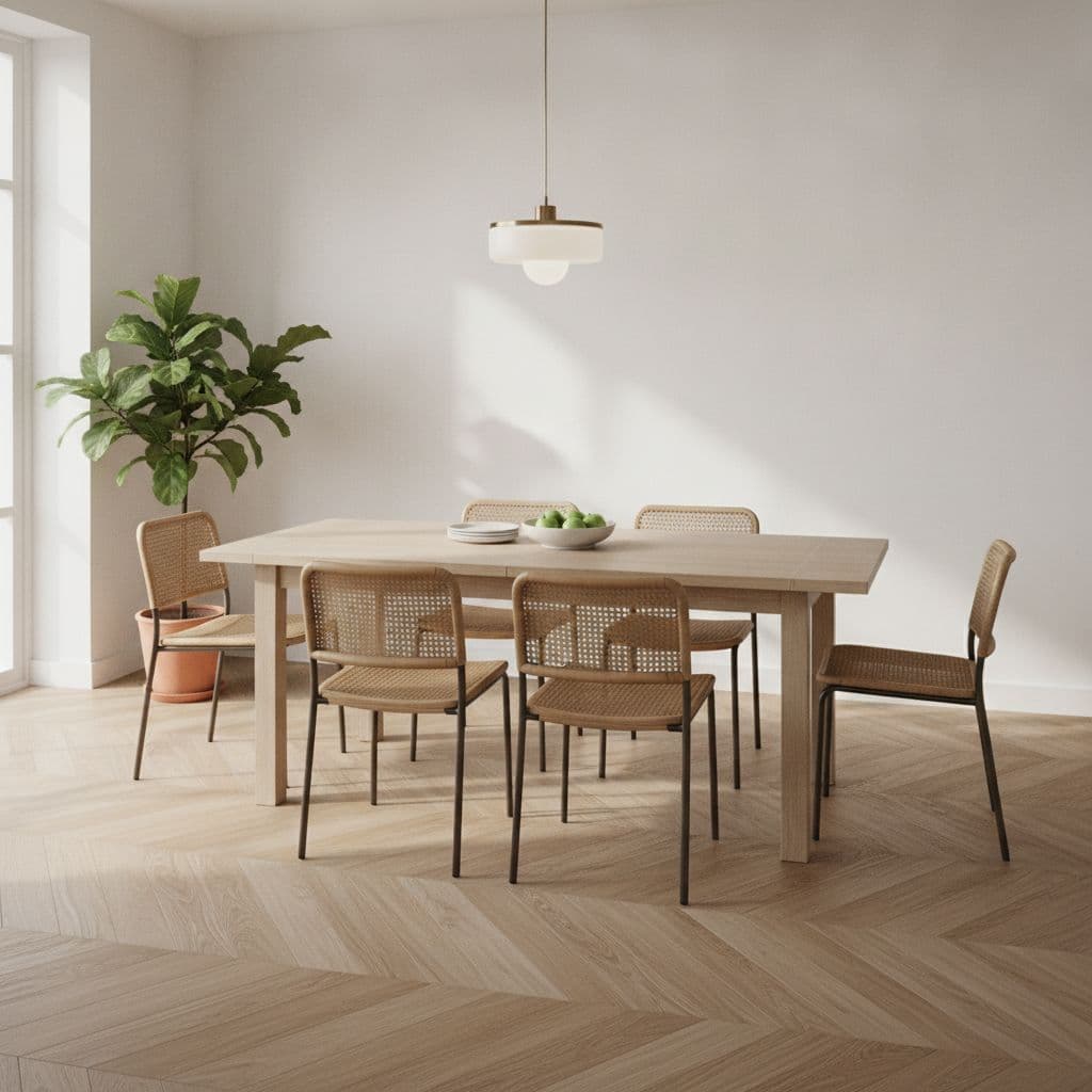 Dining room with natural oak parquet flooring