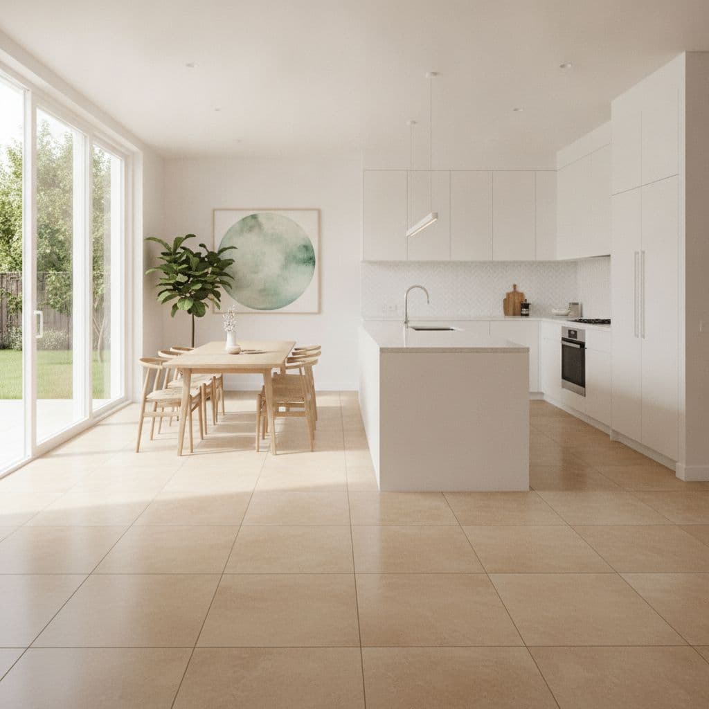Kitchen and dining area with large stone-look porcelain floor tiles