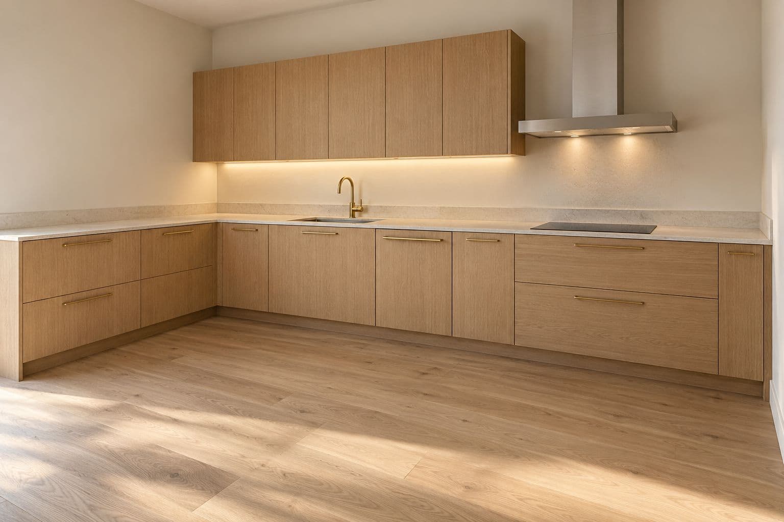 L-shaped oak kitchen with brass handles