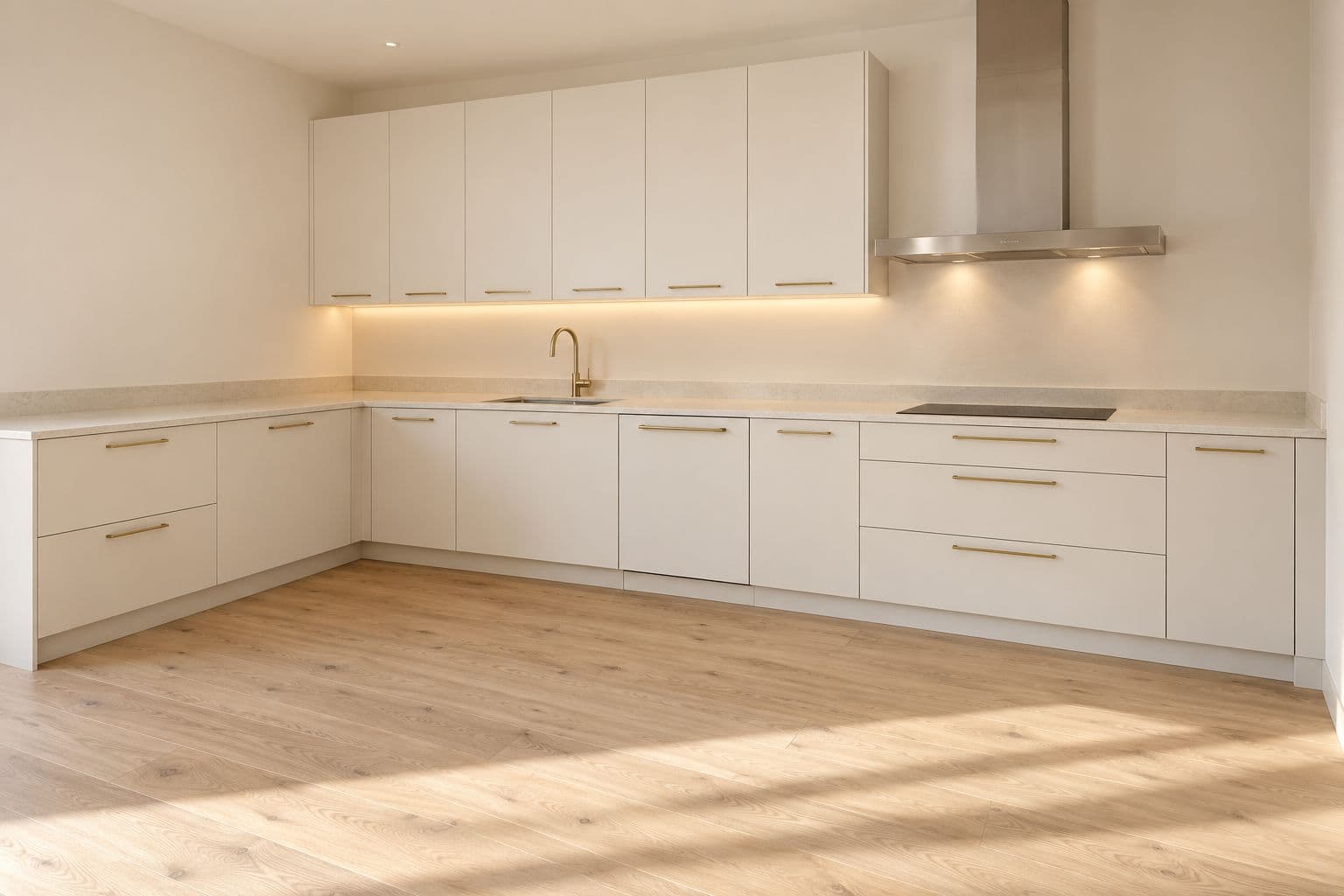 L-shaped kitchen with white fronts, brass handles and a pale stone-look benchtop