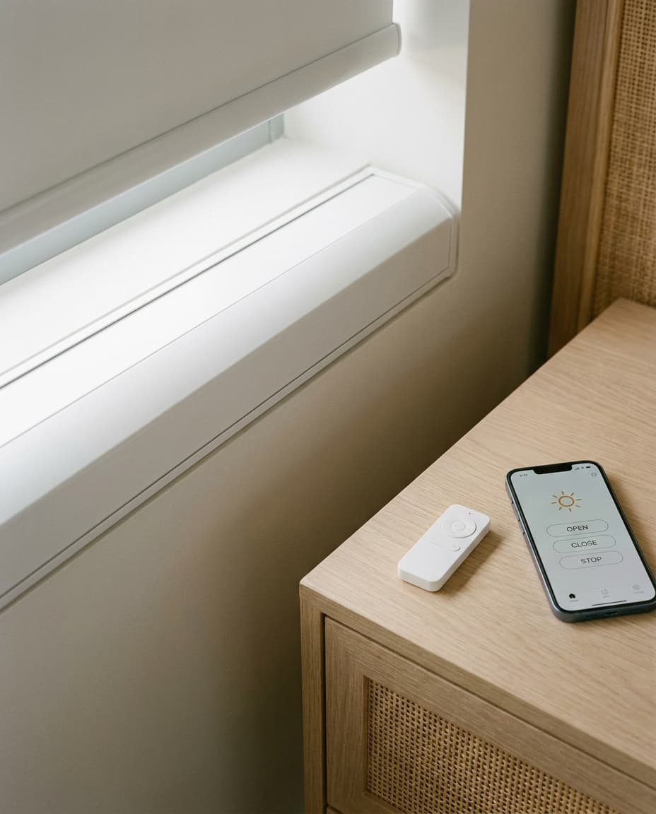 Slim motorised roller blind headbox with a remote and a phone app controlling the blind