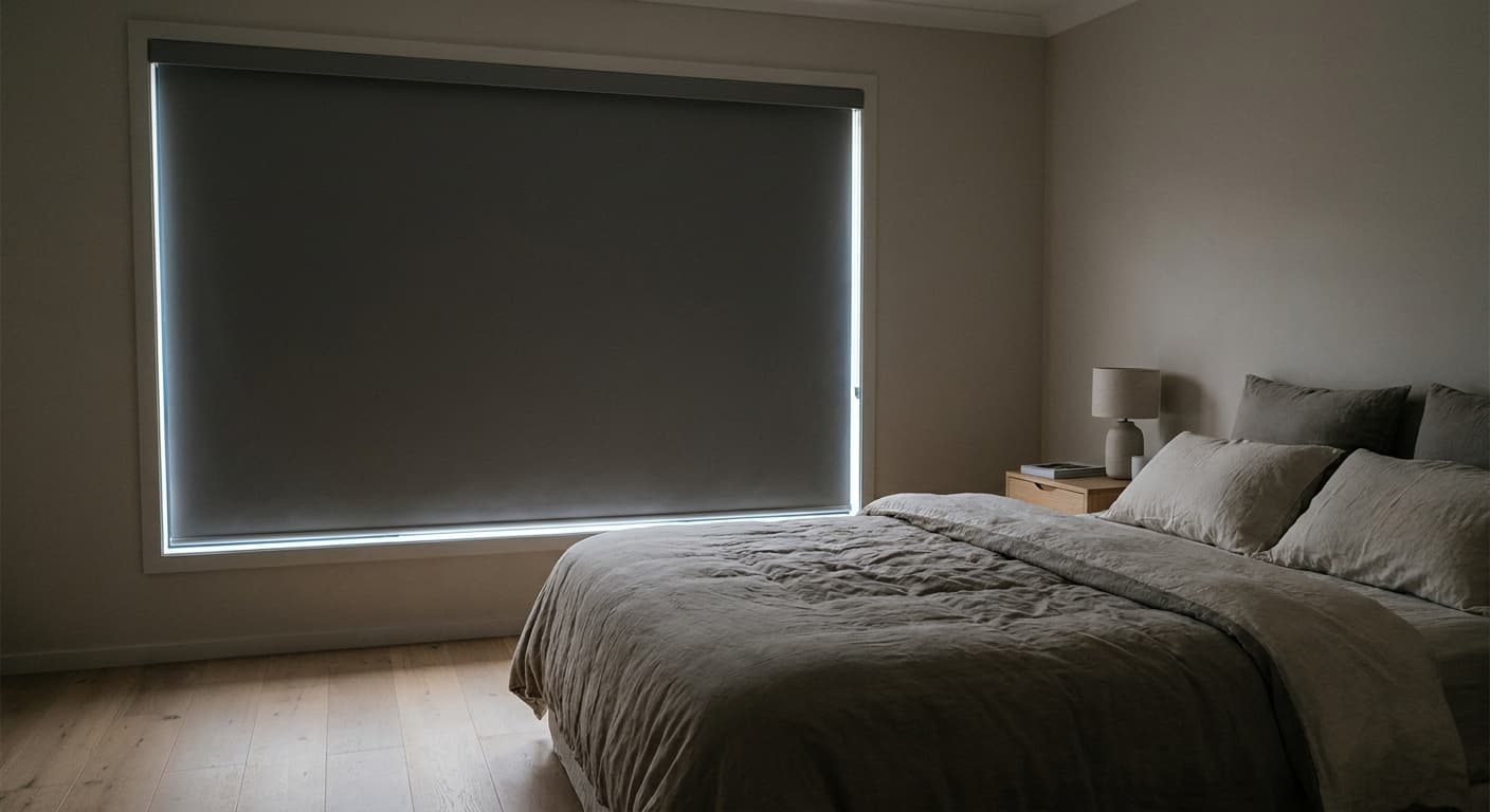 Charcoal blockout roller blind lowered in a bedroom window reveal