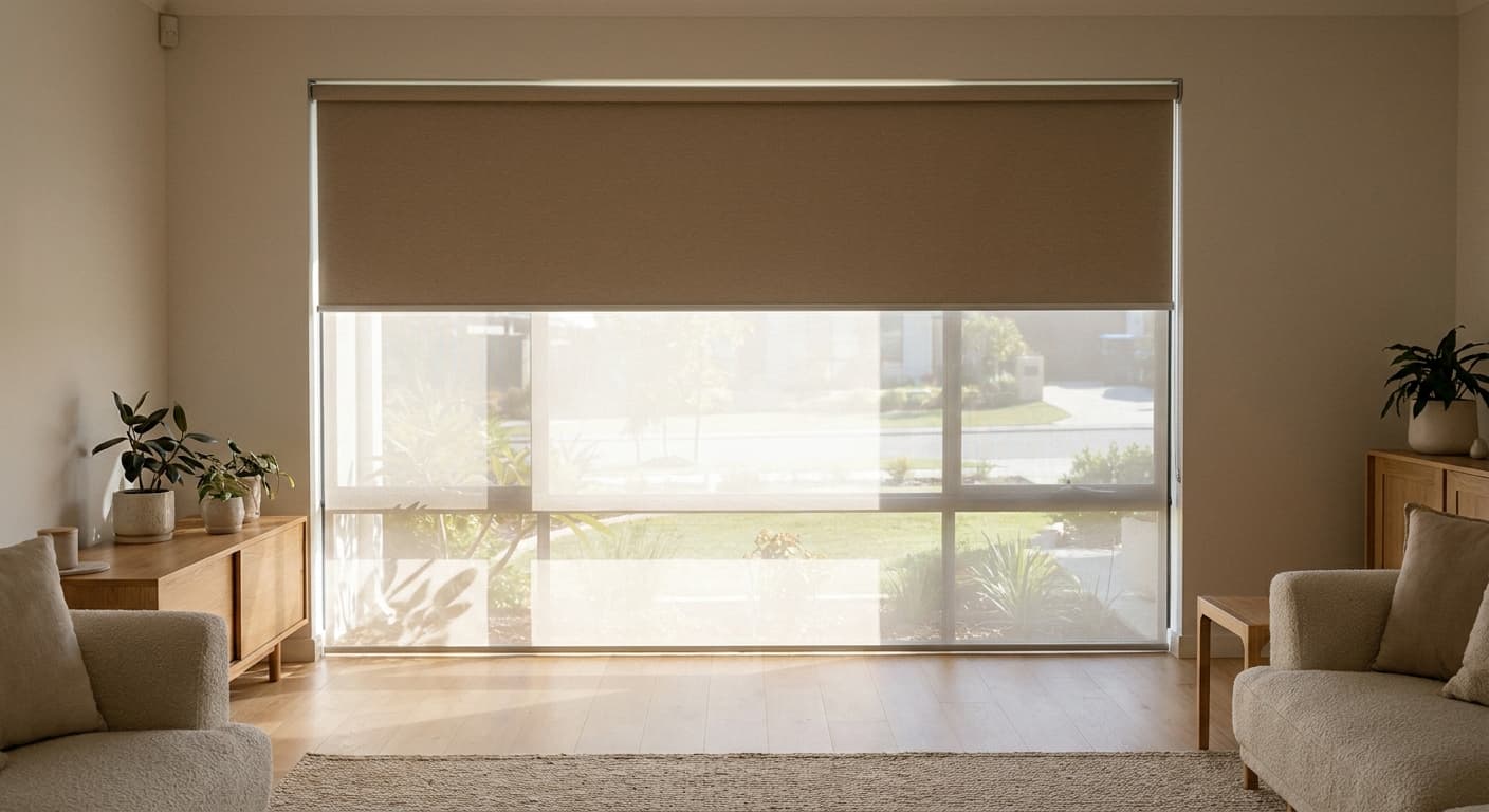 Dual roller blind with sunscreen and blockout fabrics on one bracket