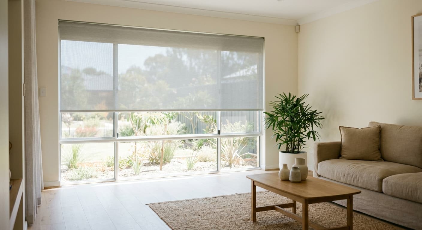 Light grey sunscreen roller blind cutting glare while keeping the garden view